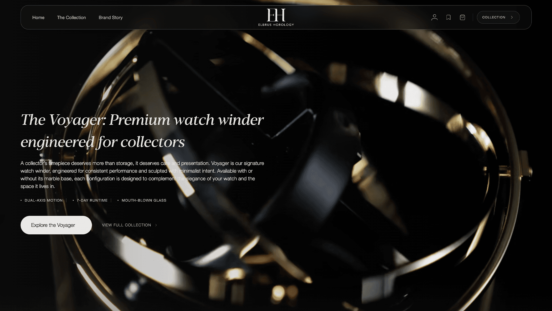 Elbrus Horology interface demonstrating the editorial typography, product imagery and restrained visual system.