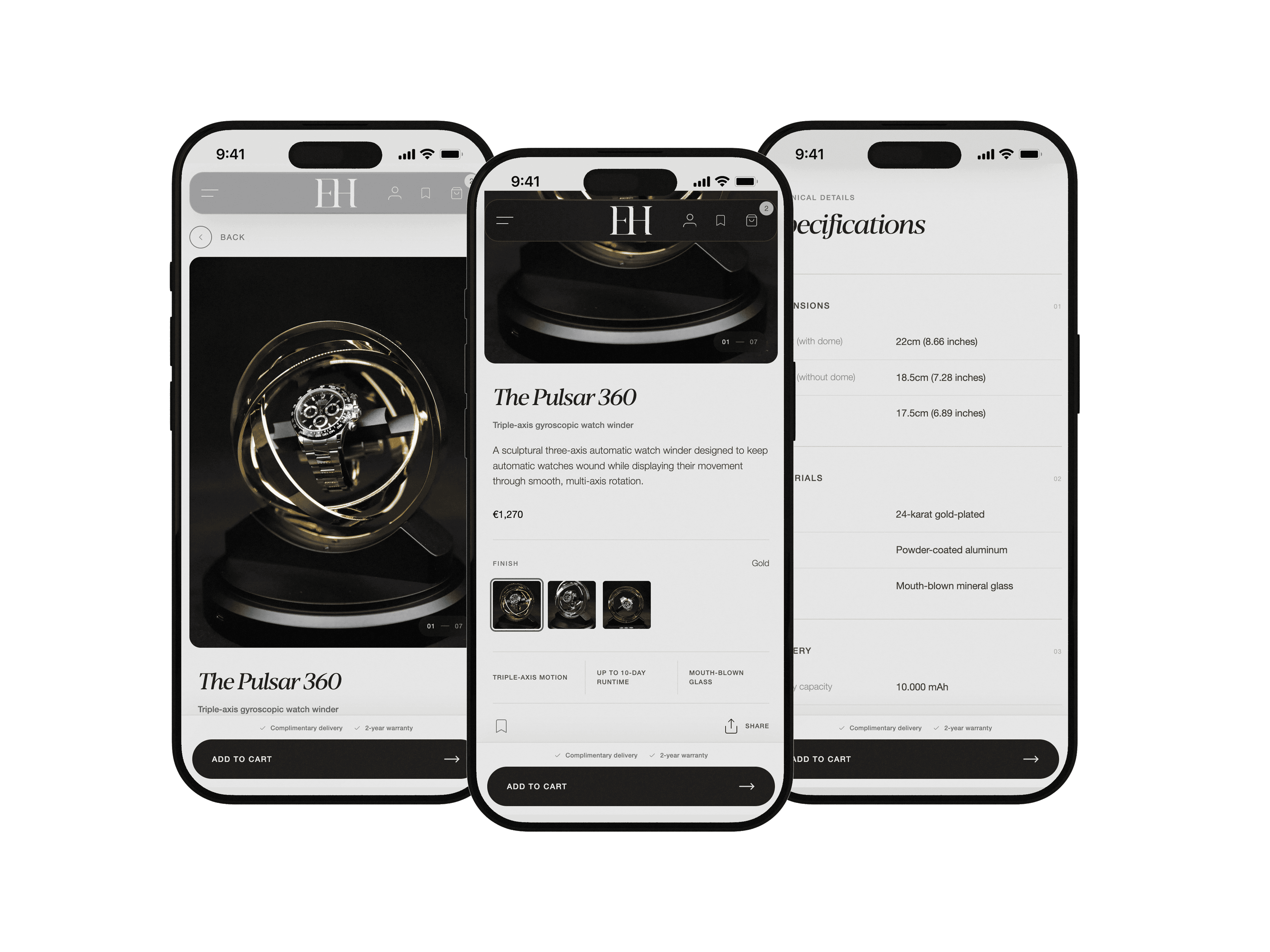 Mobile Elbrus Horology product page showing product imagery, information and variant selection.
